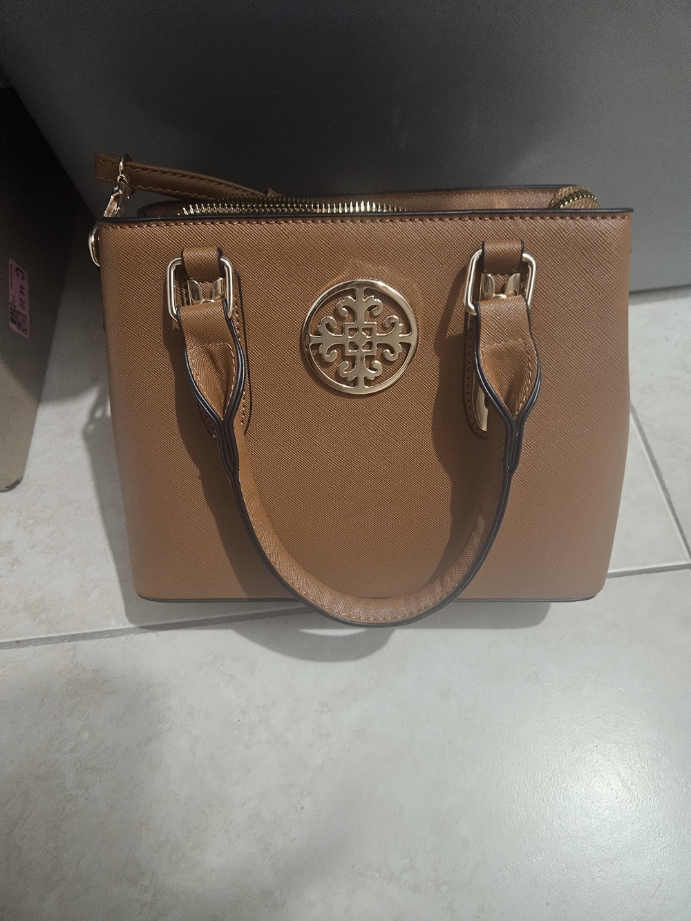 Brown Shoulder Satchel with Gold Medallion Accent